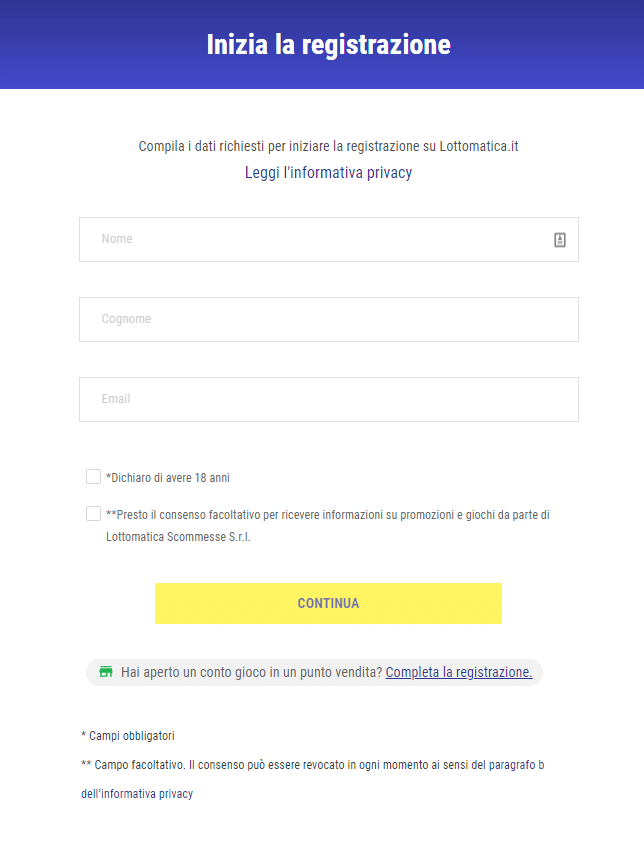 La registrazione completa su Lottomatica